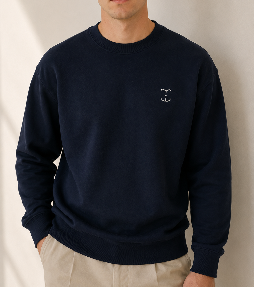 TELLS Signature Mark Navy Sweatshirt — cropped below face