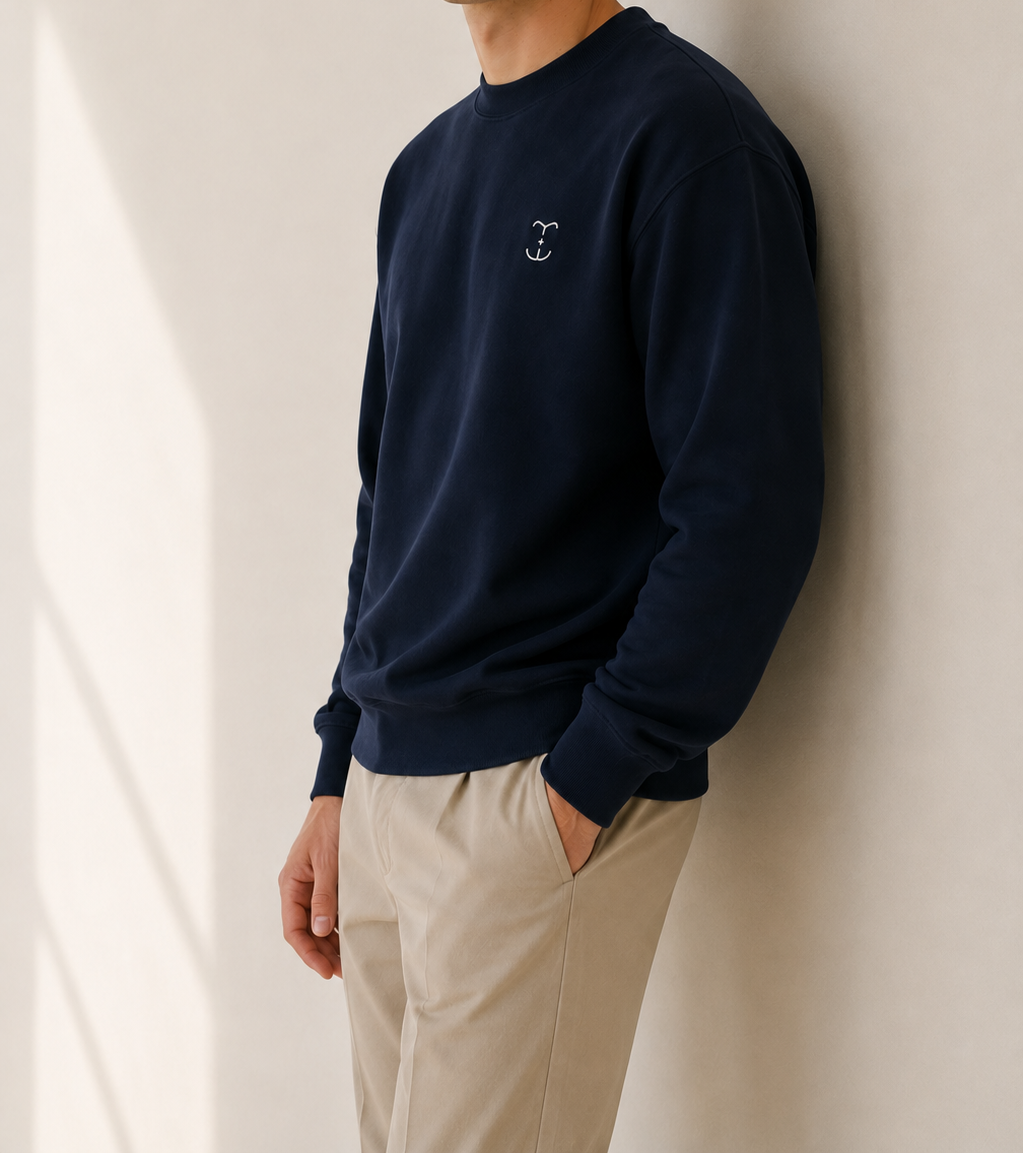 TELLS Signature Mark Navy Sweatshirt — cropped below face