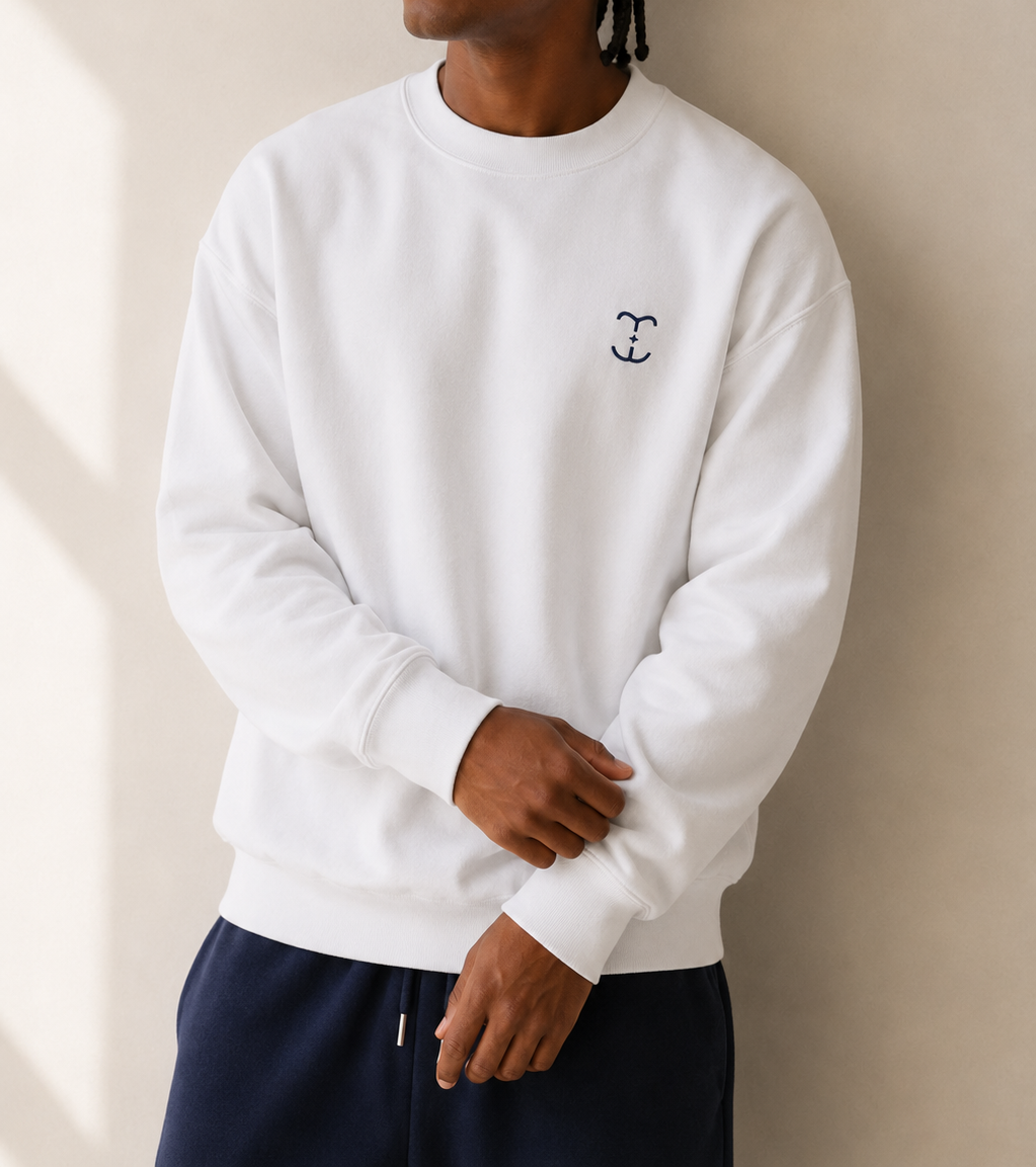 TELLS Signature Mark White Sweatshirt — cropped below face