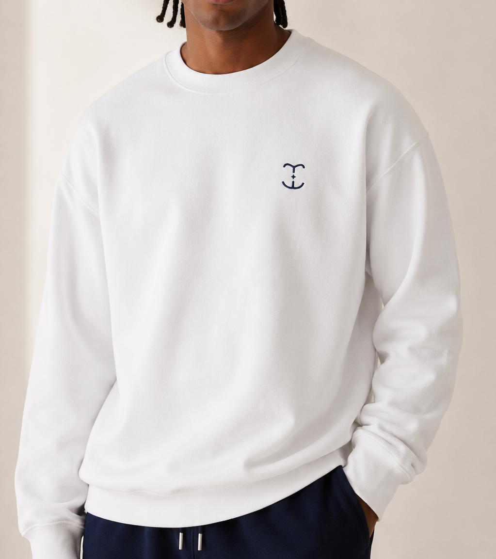 TELLS Signature Mark White Sweatshirt — cropped below face