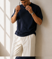 TELLS Signature Oversized Navy T-Shirt — cropped below face