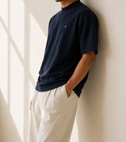 TELLS Signature Oversized Navy T-Shirt — cropped below face