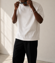 TELLS Signature Oversized White T-Shirt — cropped below face