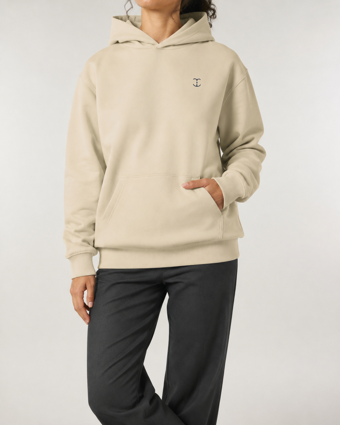 TELLS Signature Apricot Hoodie, front studio view with navy Official Logo