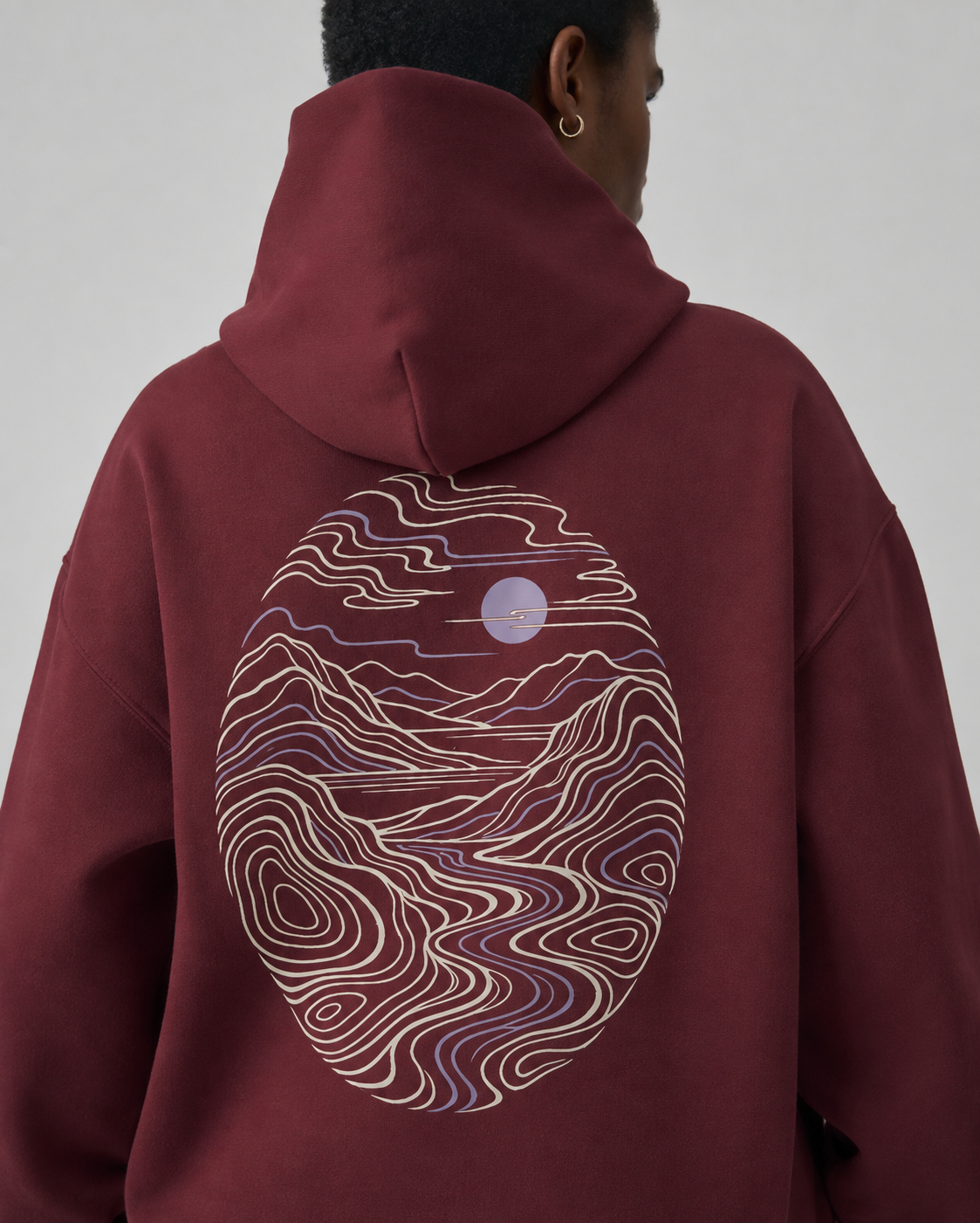 TELLS Dusk Atlas Hoodie in Dull Red, back graphic print detail