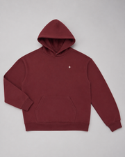TELLS Dusk Atlas Hoodie in Dull Red, front studio flat lay