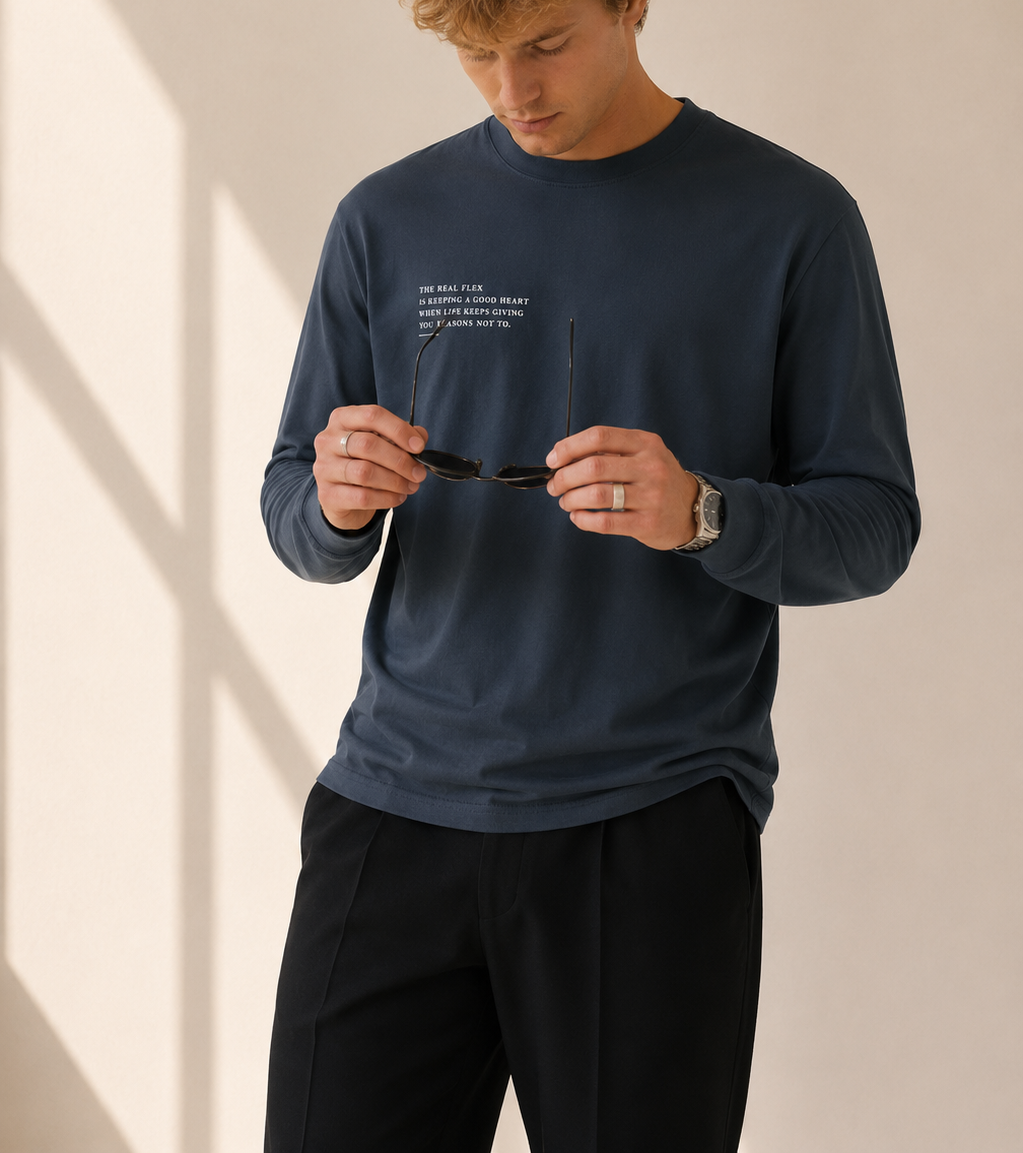The Real Flex Heavyweight Harbor Blue Long Sleeve — cropped below face