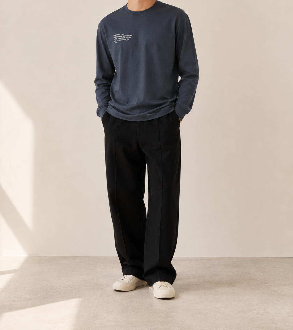 The Real Flex Heavyweight Harbor Blue Long Sleeve — cropped below face
