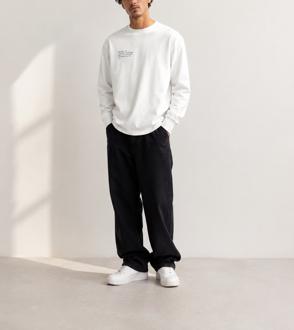 The Real Flex Heavyweight White Long Sleeve — cropped below face