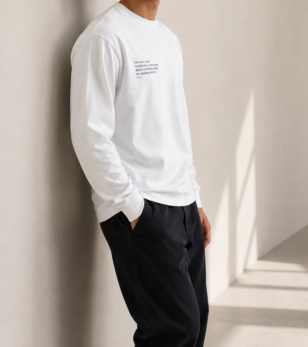 The Real Flex Heavyweight White Long Sleeve — cropped below face
