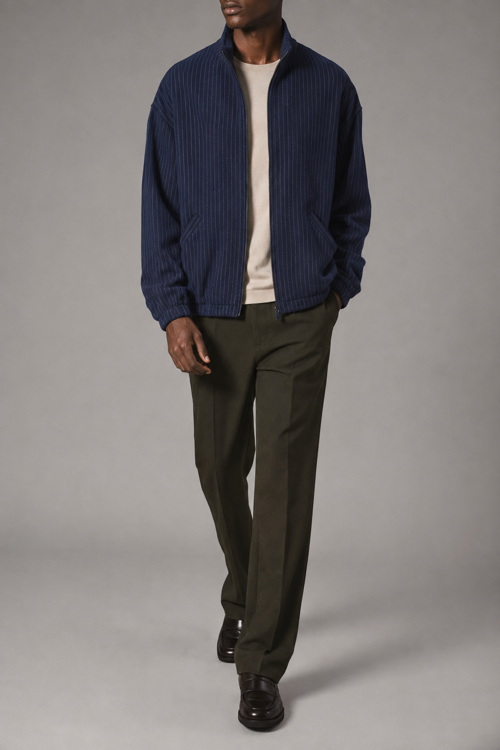 Transit Track Jacket in Navy Blue three quarter view