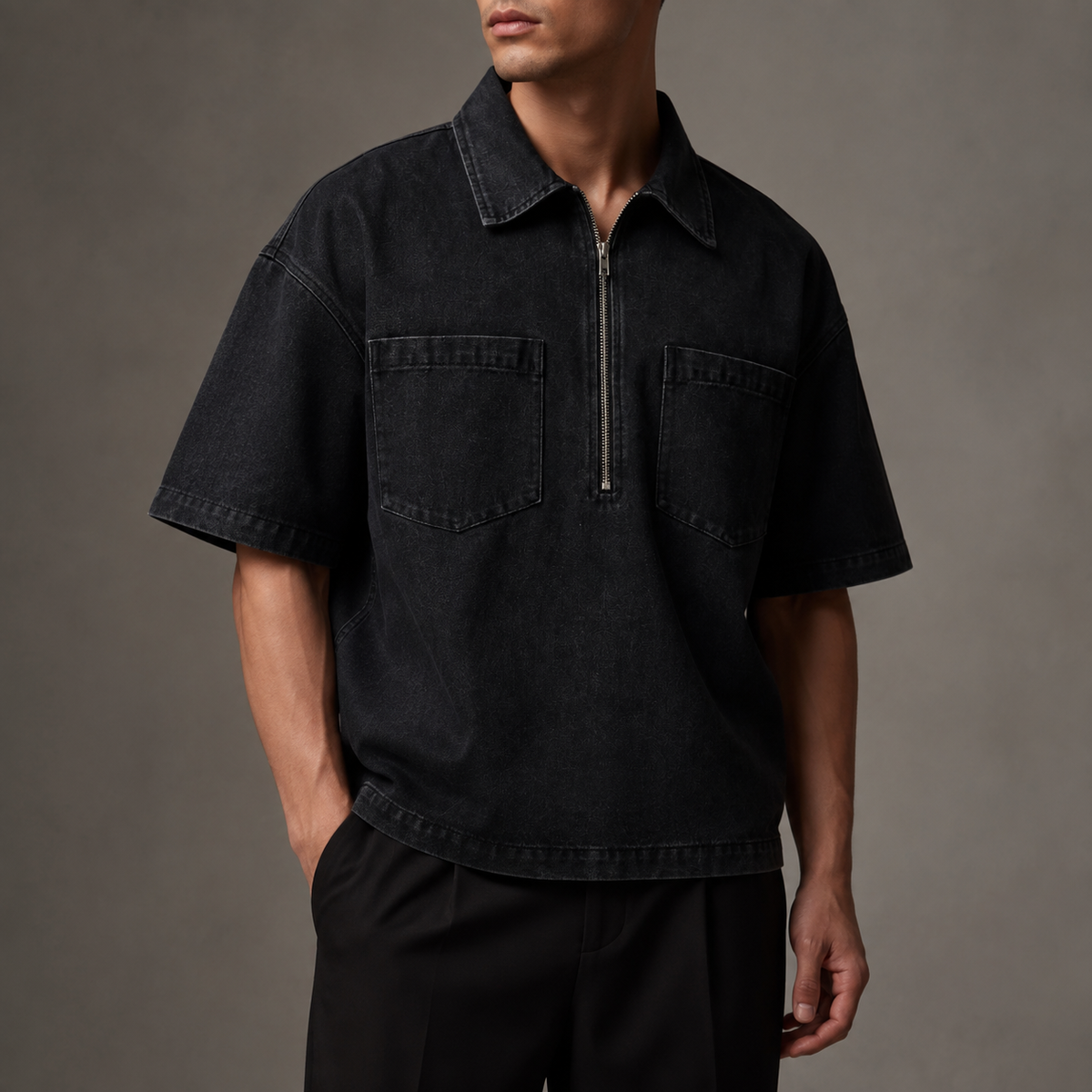 Quartermark Denim Shirt in Black front view with cropped face