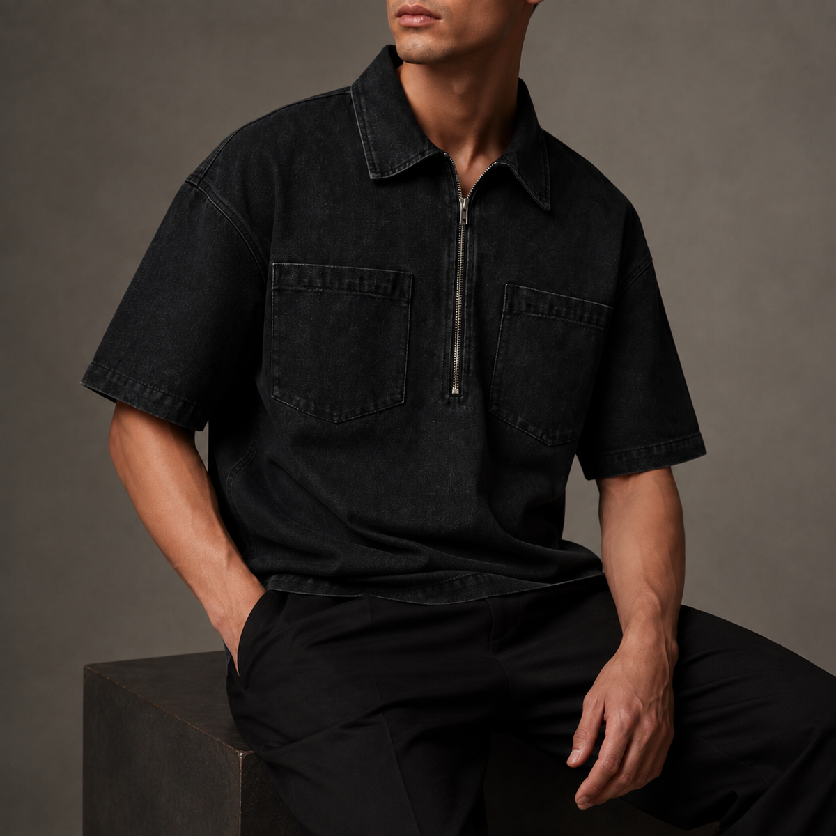Quartermark Denim Shirt in Black seated view with cropped face