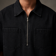 Quartermark Denim Shirt in Black collar zip and pocket detail