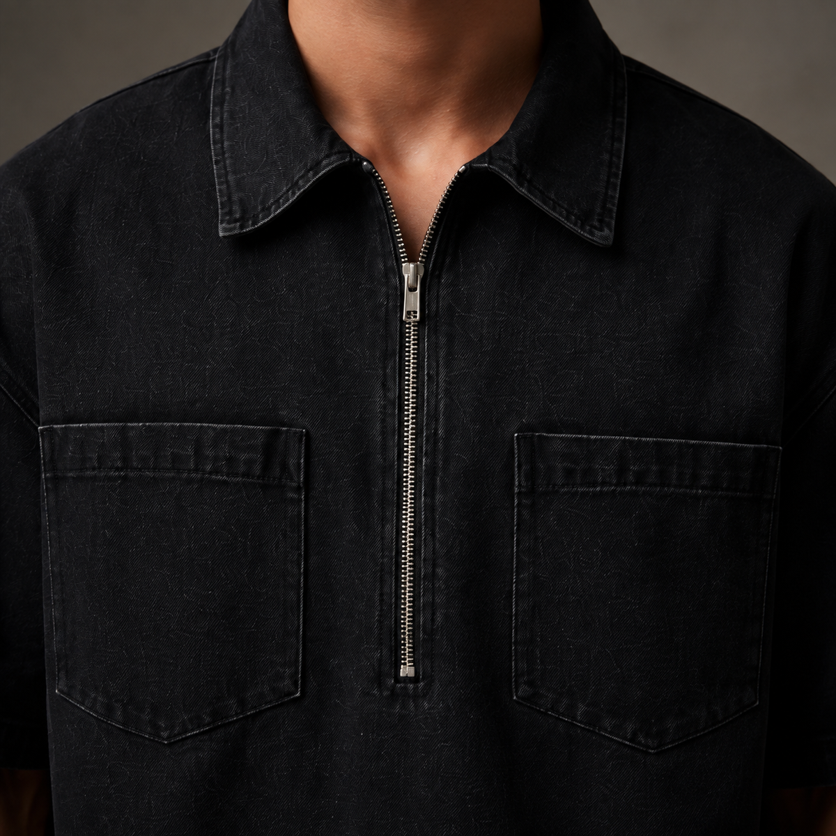 Quartermark Denim Shirt in Black collar zip and pocket detail