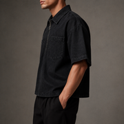 Quartermark Denim Shirt in Black side profile with cropped face