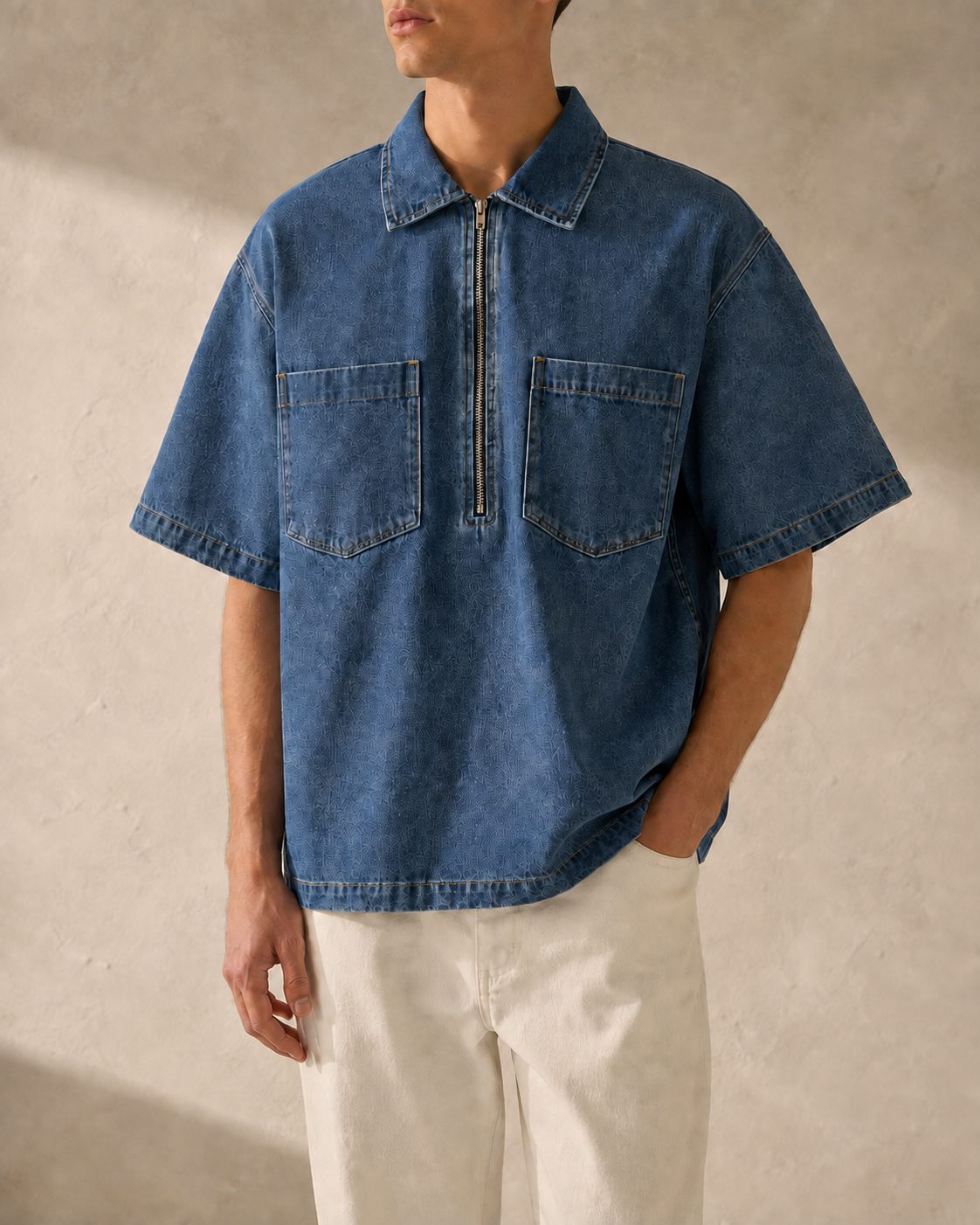 Quartermark Denim Shirt in Jeans Blue plain front