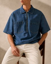 Quartermark Denim Shirt in Jeans Blue plain seated