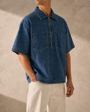 Quartermark Denim Shirt in Jeans Blue plain side