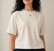 Women’s Signature Star Beige Boxy Tee — cropped below face
