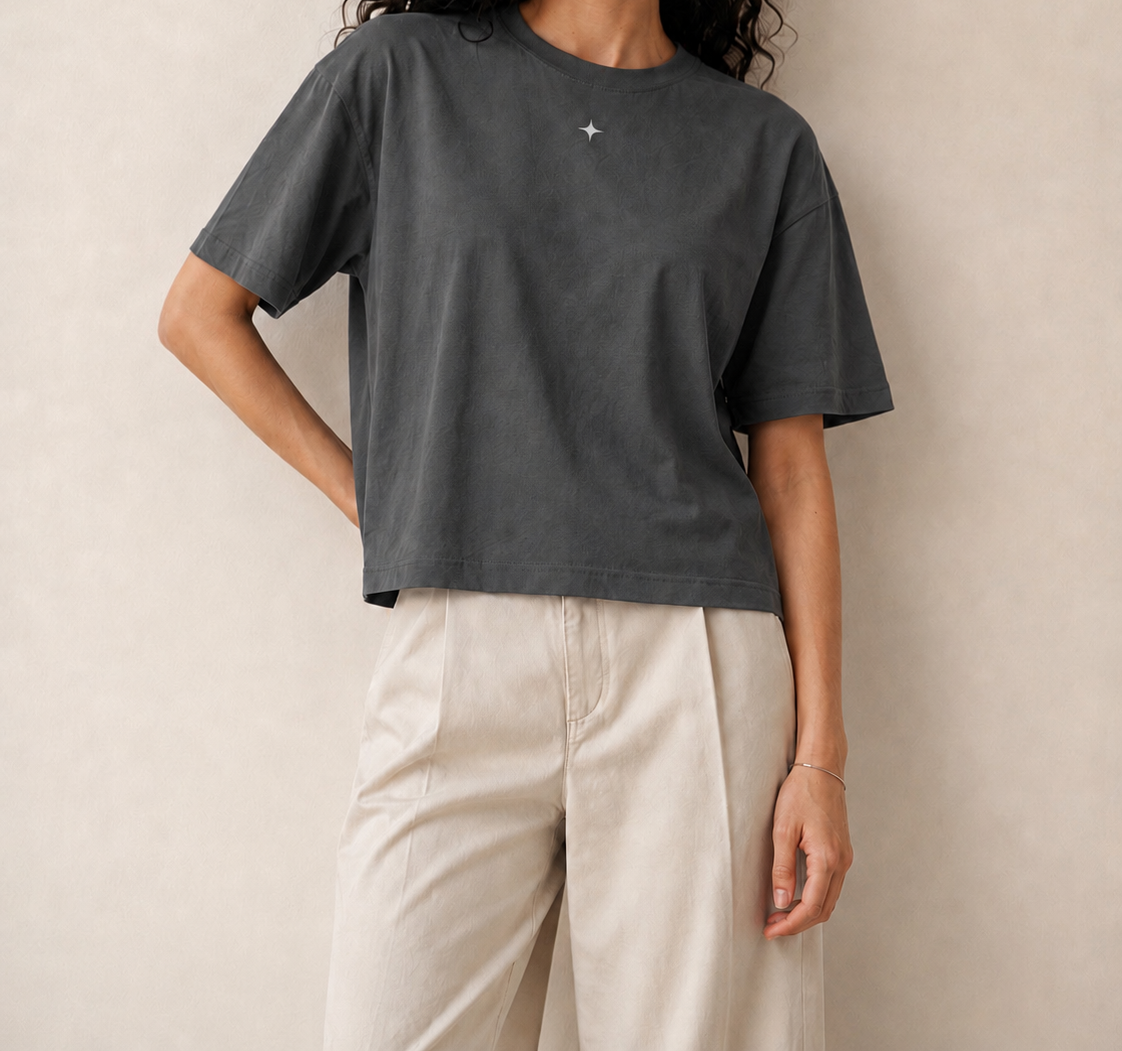 Women’s Signature Star Dark Gray Boxy Tee — cropped below face