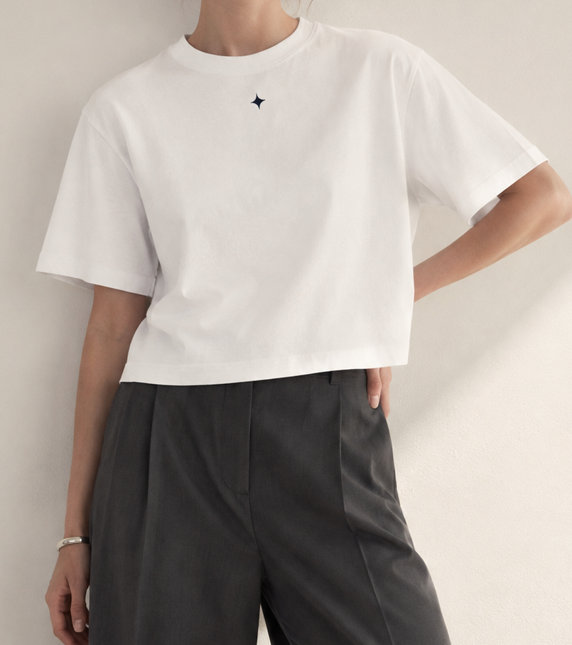 Women’s Signature Star White Boxy Tee — cropped below face