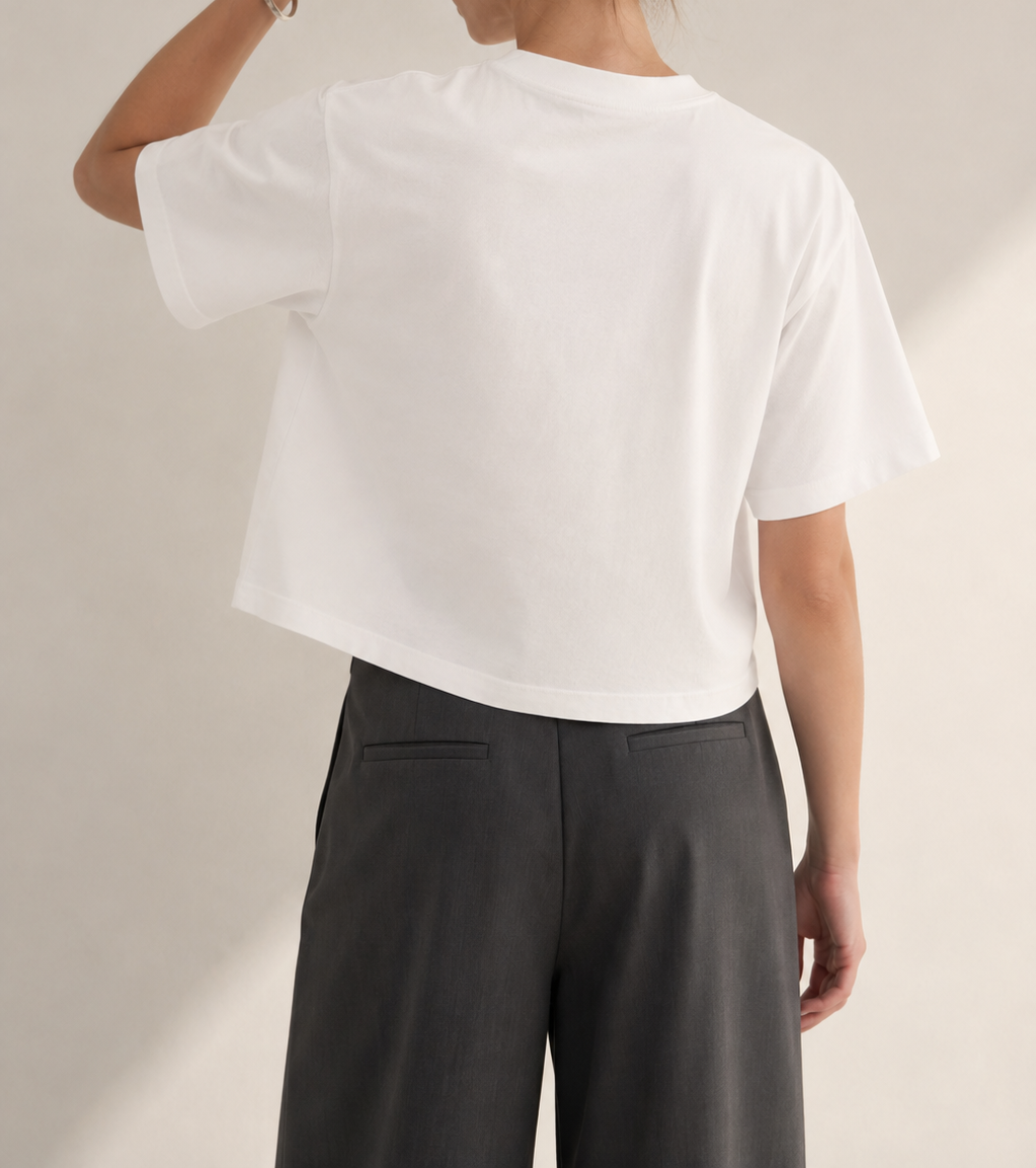 Women’s Signature Star White Boxy Tee — cropped below face