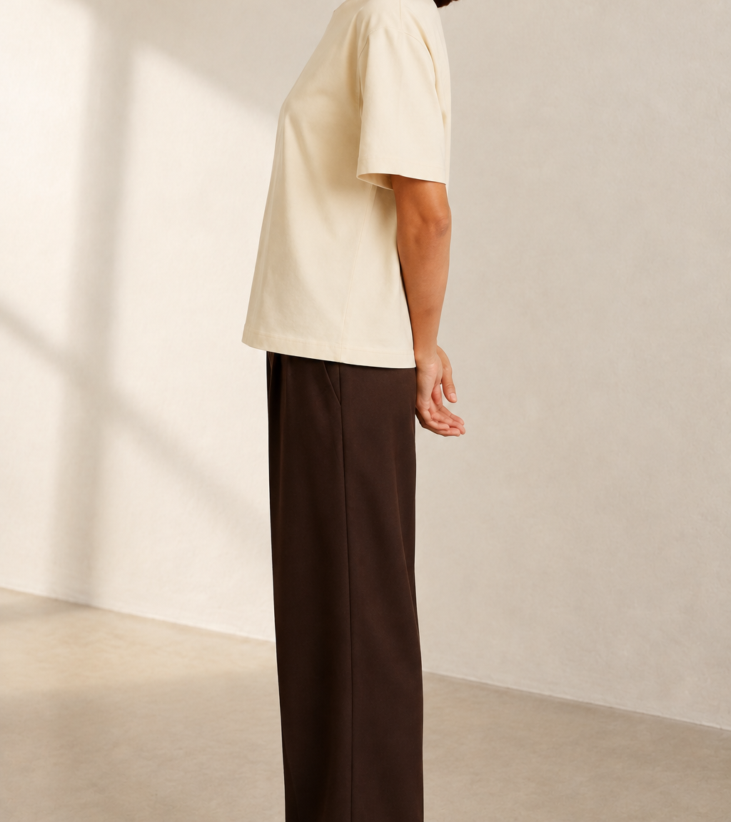 Women’s TELLS Classic Apricot Boxy Tee — cropped below face