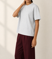 Women’s TELLS Classic Light Gray Boxy Tee — cropped below face