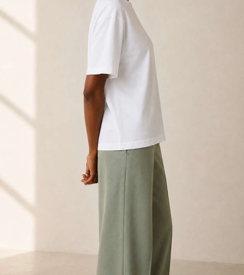 Women’s TELLS Classic White Boxy Tee — cropped below face