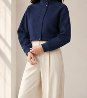 Women’s TELLS Cropped Navy Jacket — cropped below face