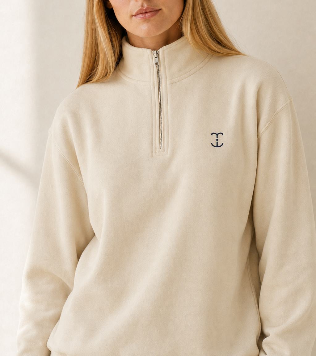 Women’s TELLS Quarter-Zip Beige Sweatshirt — cropped below face