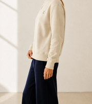Women’s TELLS Quarter-Zip Beige Sweatshirt — cropped below face
