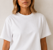 Women’s TELLS Real Flex White Boxy Tee — cropped below face