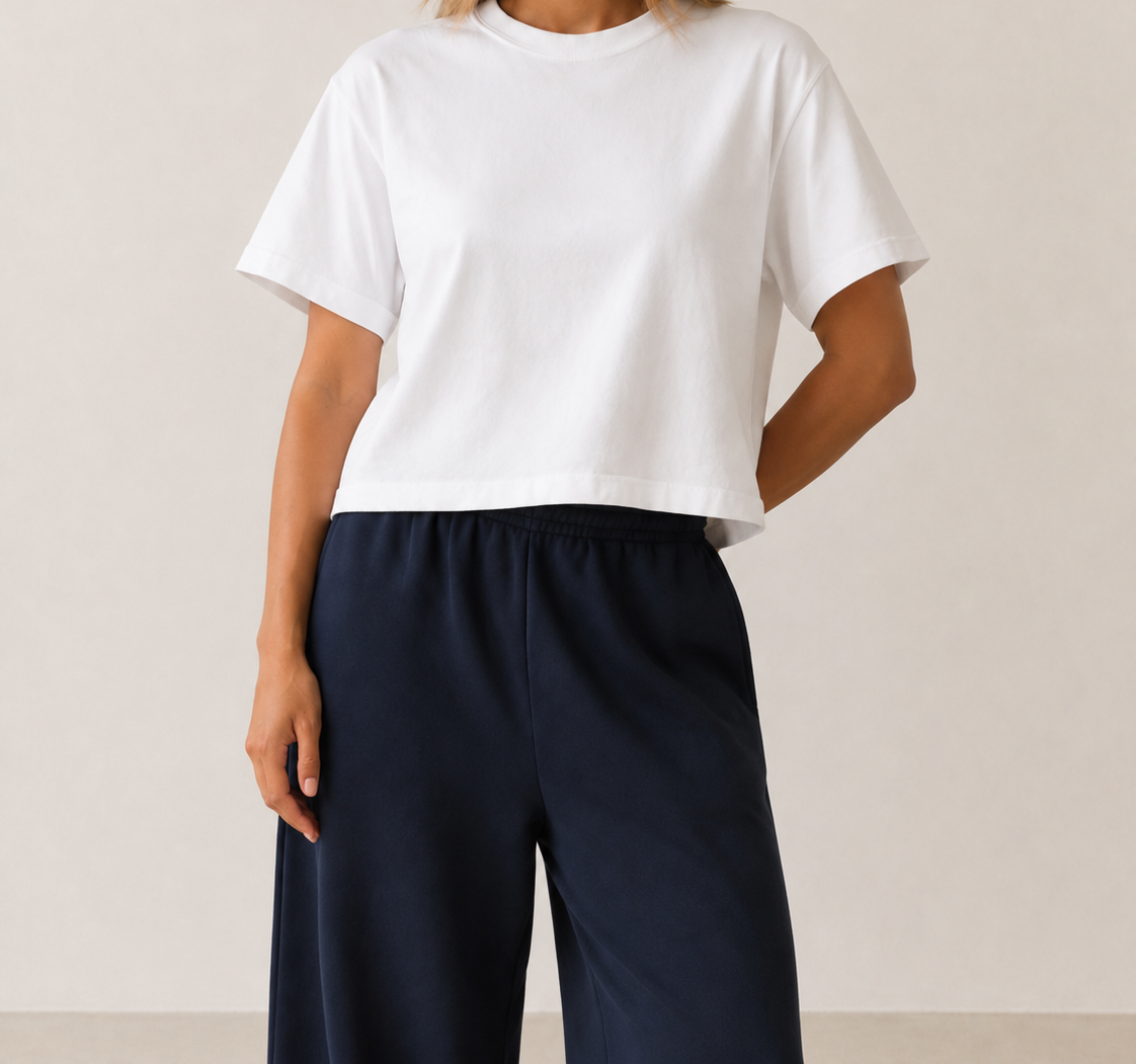 Women’s TELLS Real Flex White Boxy Tee — cropped below face