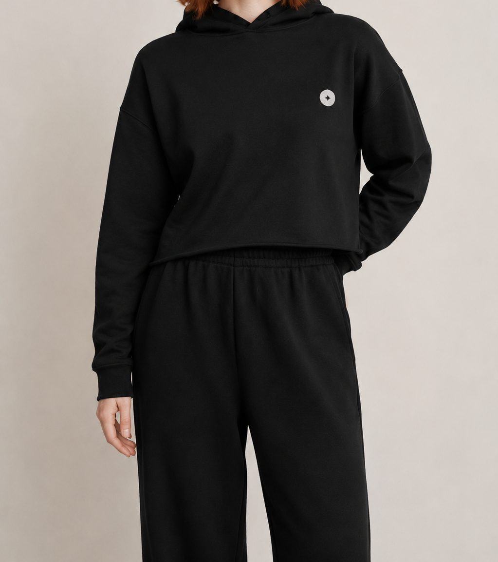 Women’s TELLS Signature Cropped Black Hoodie — cropped below face