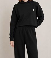 Women’s TELLS Signature Cropped Black Hoodie — cropped below face