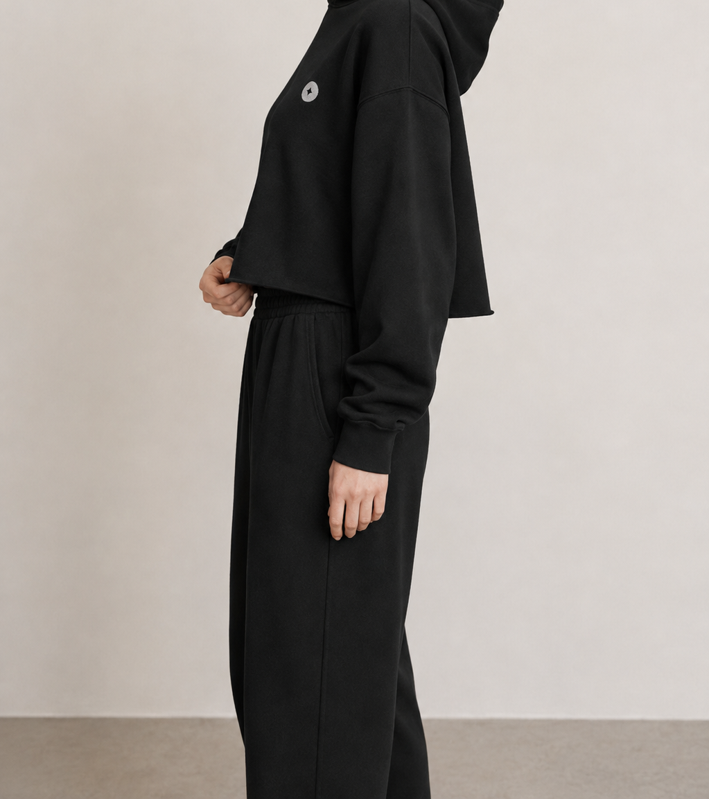 Women’s TELLS Signature Cropped Black Hoodie — cropped below face