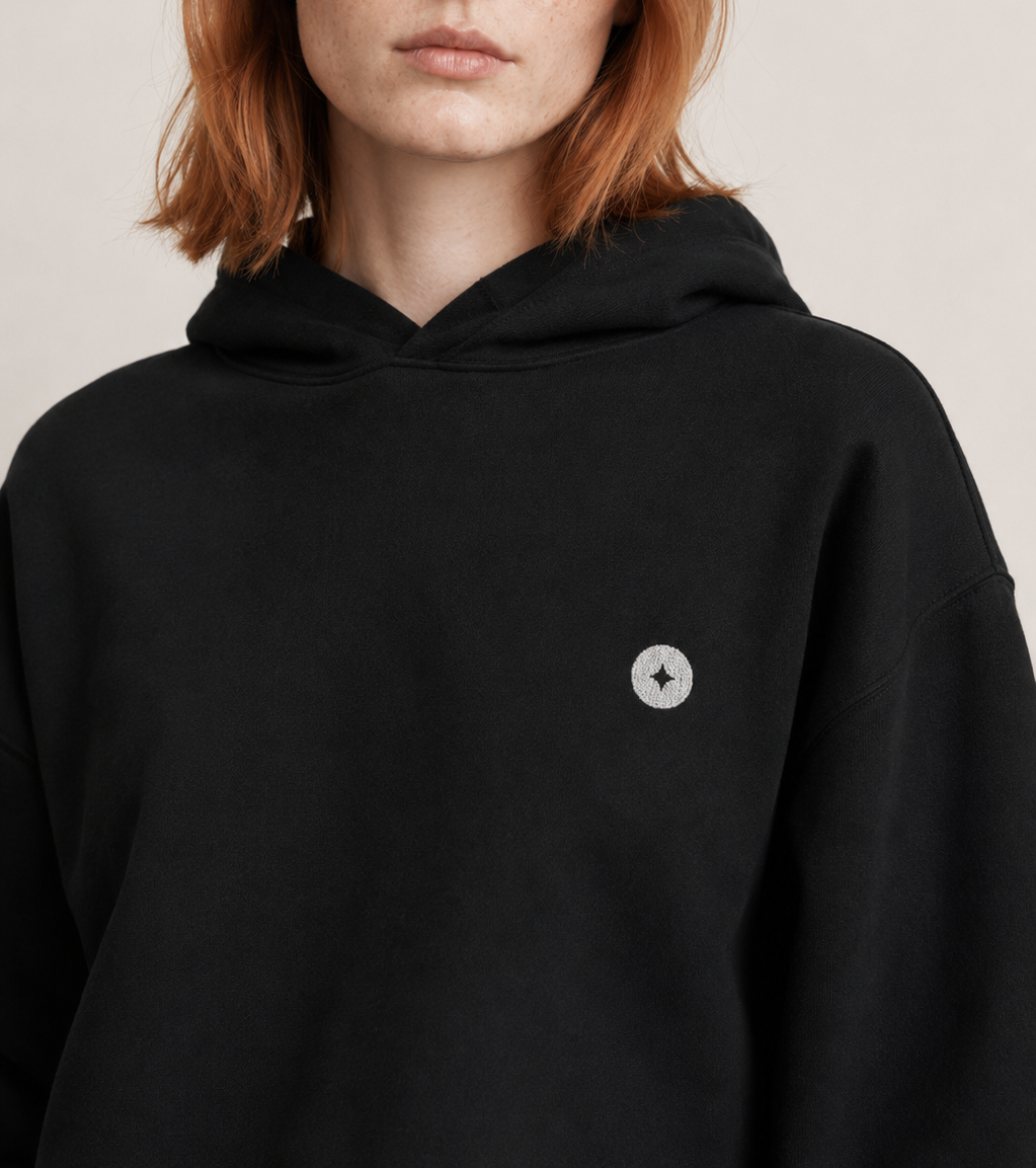 Women’s TELLS Signature Cropped Black Hoodie — cropped below face