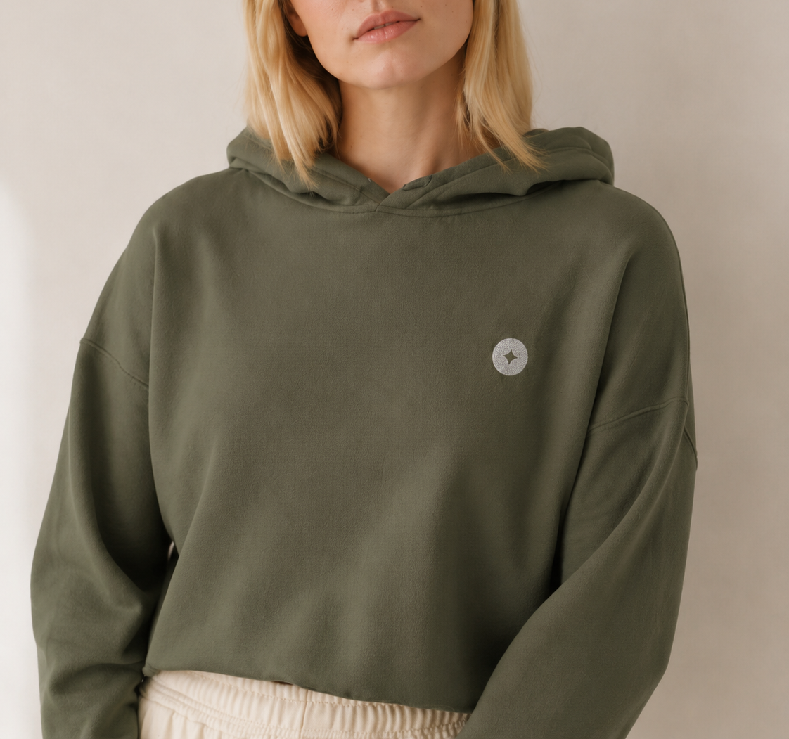 Women’s TELLS Signature Cropped Olive Hoodie — cropped below face