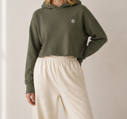 Women’s TELLS Signature Cropped Olive Hoodie — cropped below face