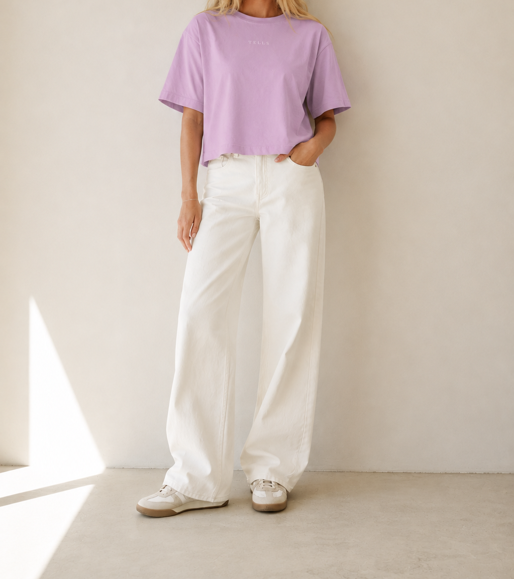 Women’s TELLS Signature Pink Boxy Tee — cropped below face
