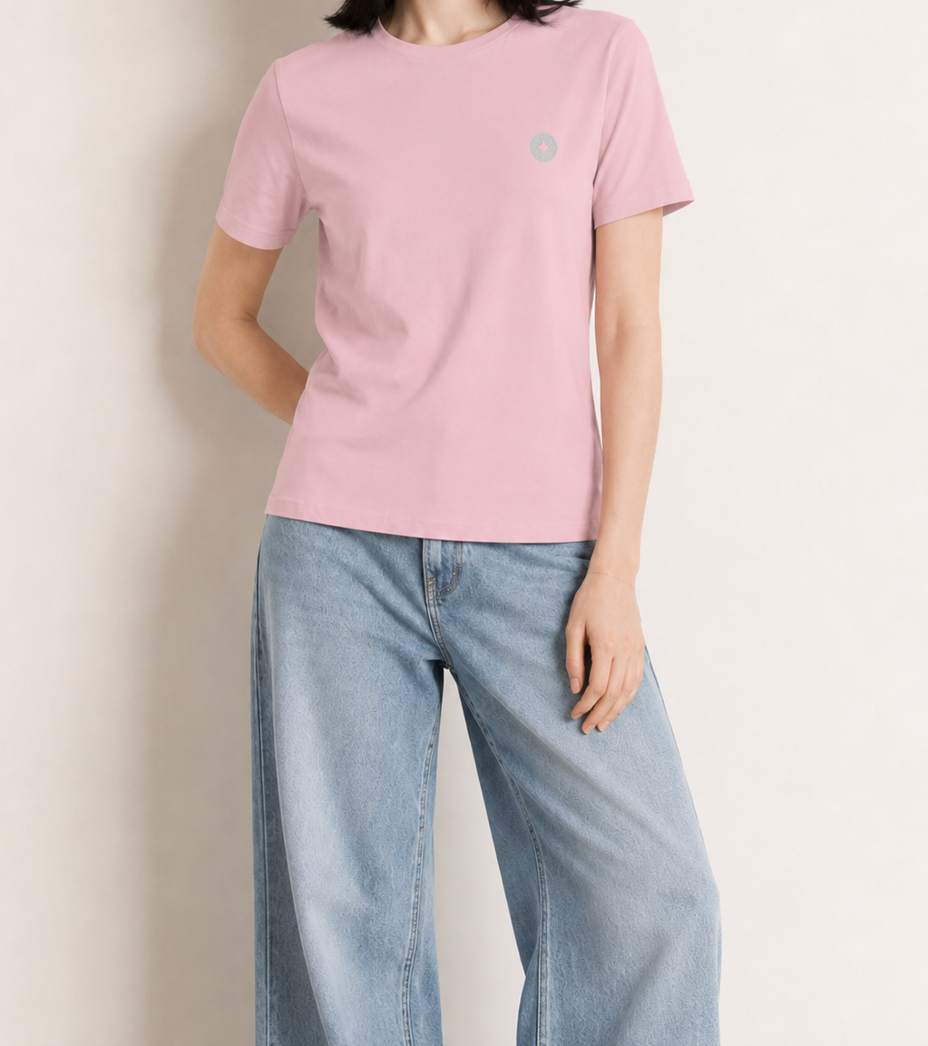 Women’s TELLS Signature Pink Relaxed Tee — cropped below face