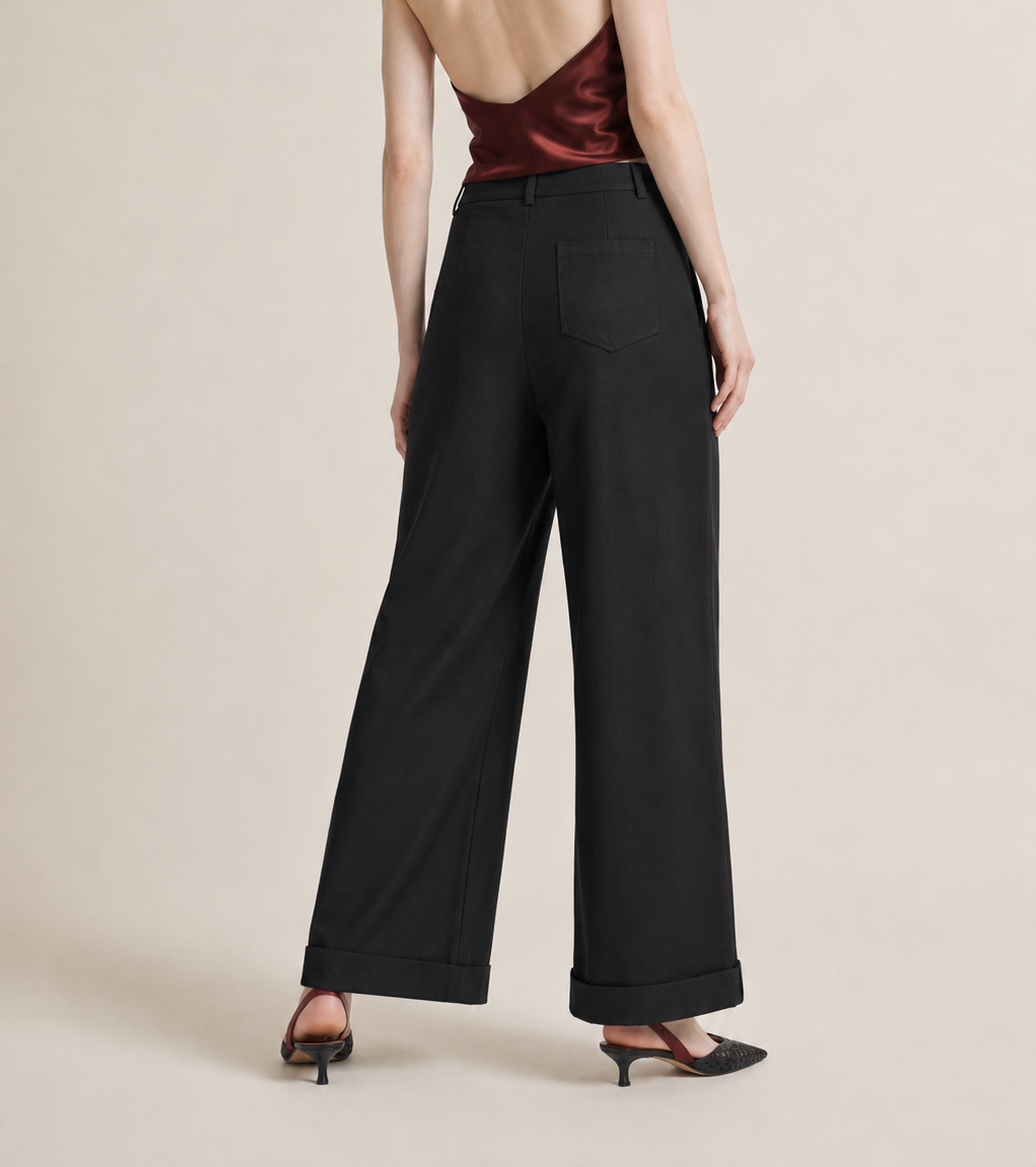 Women’s TELLS Tencel Wide-Leg Black Trousers — cropped below face