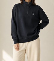 Women’s TELLS Logo Quarter-Zip Navy Sweatshirt — cropped below face