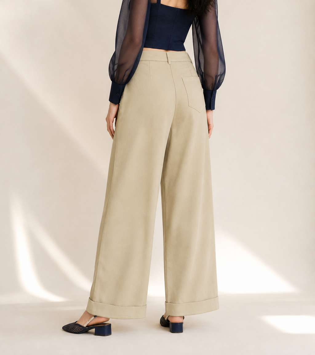 Women’s TELLS Tencel Wide-Leg Khaki Trousers — cropped below face