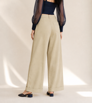 Women’s TELLS Tencel Wide-Leg Khaki Trousers — cropped below face